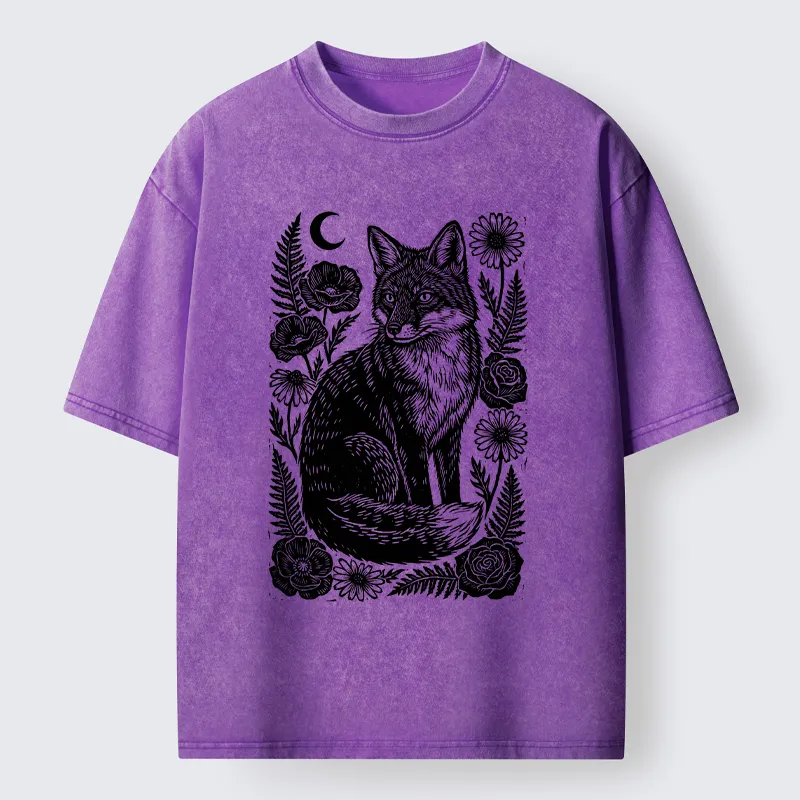 Tokyo‑Tiger Wild Fox Floral Vibe Washed T‑Shirt