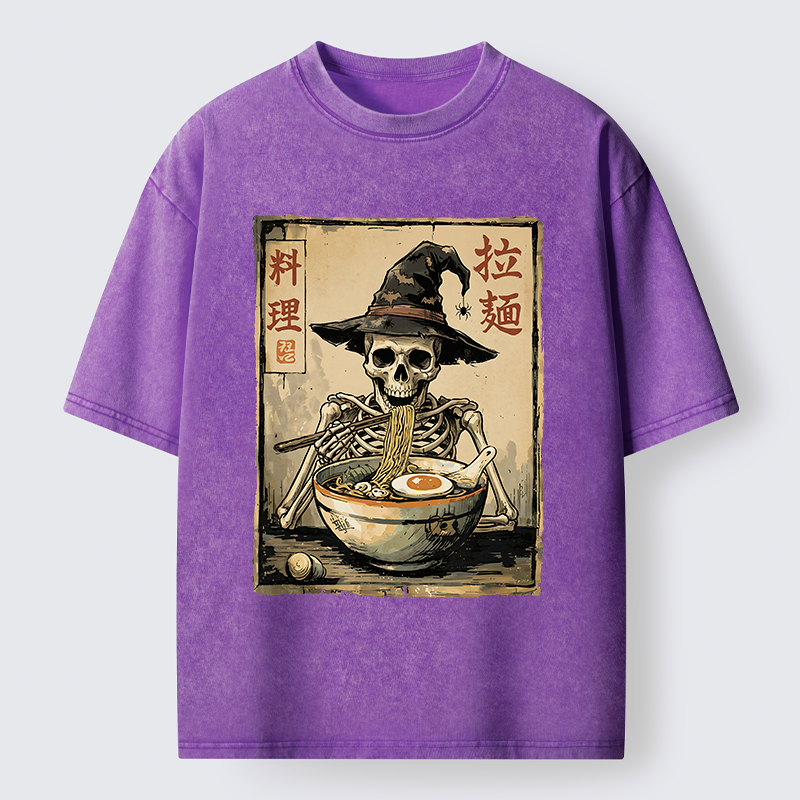 Tokyo‑Tiger Skeleton Ramen Meme Washed T‑Shirt
