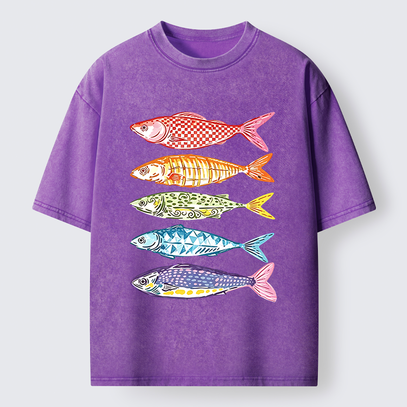 Tokyo‑Tiger Colorful Multi Pattern Fish Washed T‑Shirt