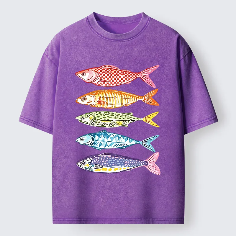Tokyo‑Tiger Colorful Multi Pattern Fish Washed T‑Shirt