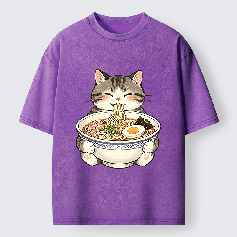 Tokyo‑Tiger Funny Cat Ramen Meme Washed T‑Shirt