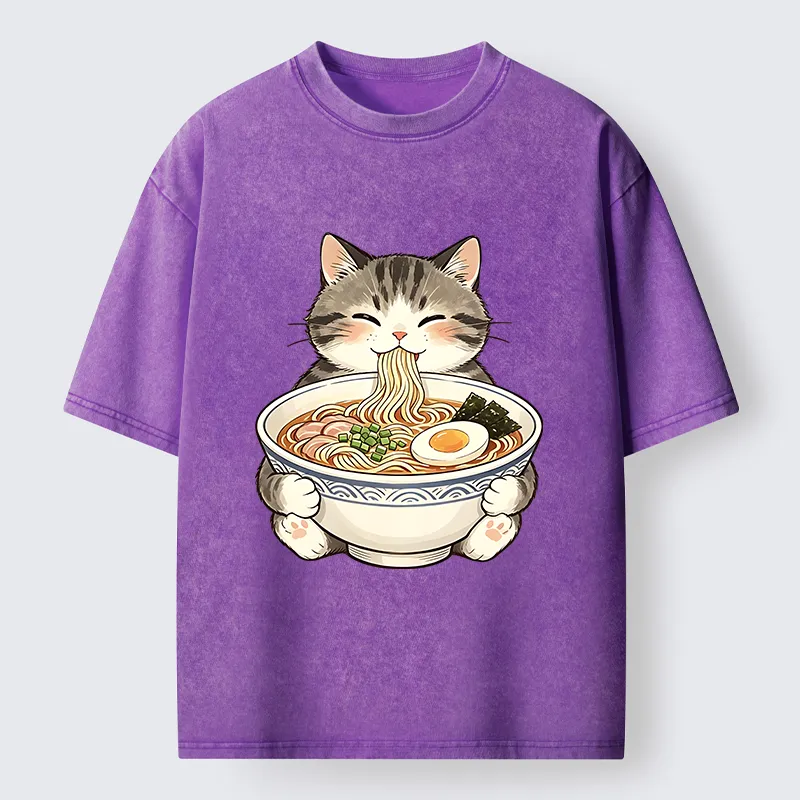 Tokyo‑Tiger Funny Cat Ramen Meme Washed T‑Shirt