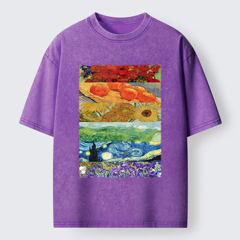 Tokyo‑Tiger Van Gogh Floral Scene Art Washed T‑Shirt
