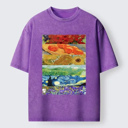 Tokyo‑Tiger Van Gogh Floral Scene Art Washed T‑Shirt
