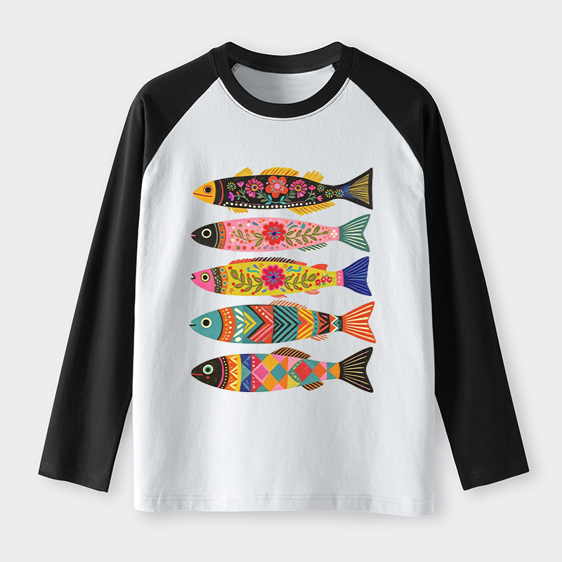 Tokyo-Tiger Colorful Patterned Fish Raglan Long Sleeve T-shirt