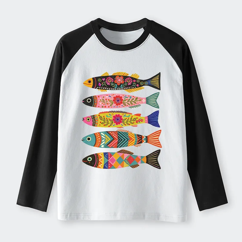 Tokyo-Tiger Colorful Patterned Fish Raglan Long Sleeve T-shirt