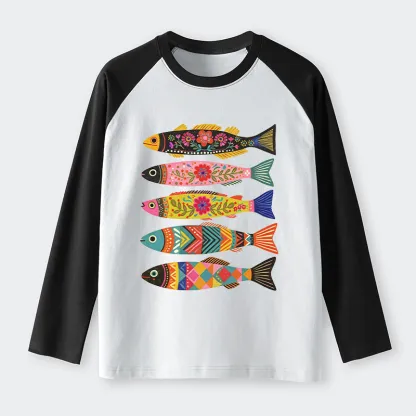 Tokyo-Tiger Colorful Patterned Fish Raglan Long Sleeve T-shirt