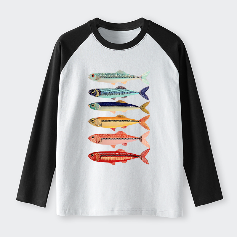 Tokyo-Tiger Colorful Fish Stack Raglan Long Sleeve T-shirt