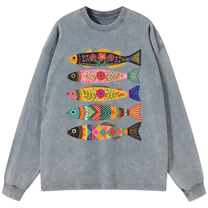 Tokyo-Tiger Colorful Patterned Fish Washed Long Sleeve T-Shirt