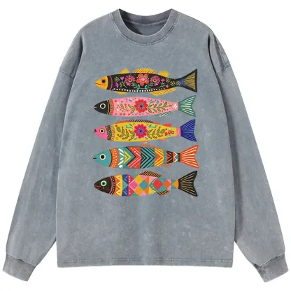 Tokyo-Tiger Colorful Patterned Fish Washed Long Sleeve T-Shirt