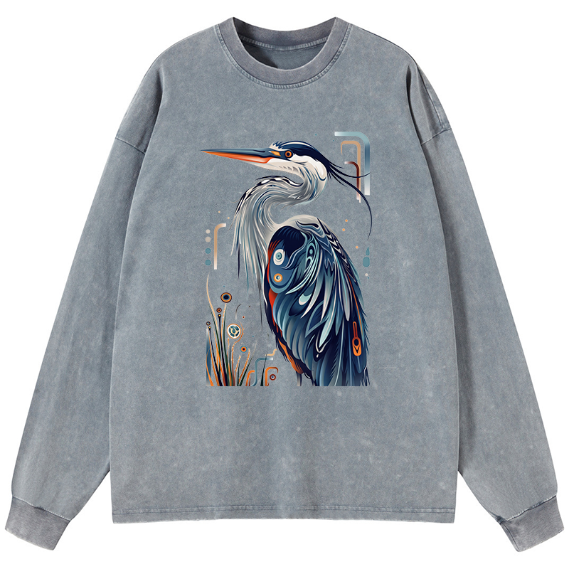 Tokyo-Tiger Stylish Blue Heron Washed Long Sleeve T-Shirt