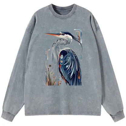 Tokyo-Tiger Stylish Blue Heron Washed Long Sleeve T-Shirt