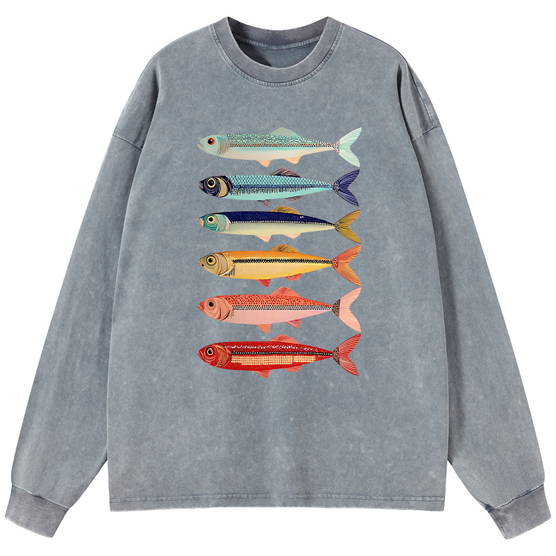 Tokyo-Tiger Colorful Fish Stack Washed Long Sleeve T-Shirt