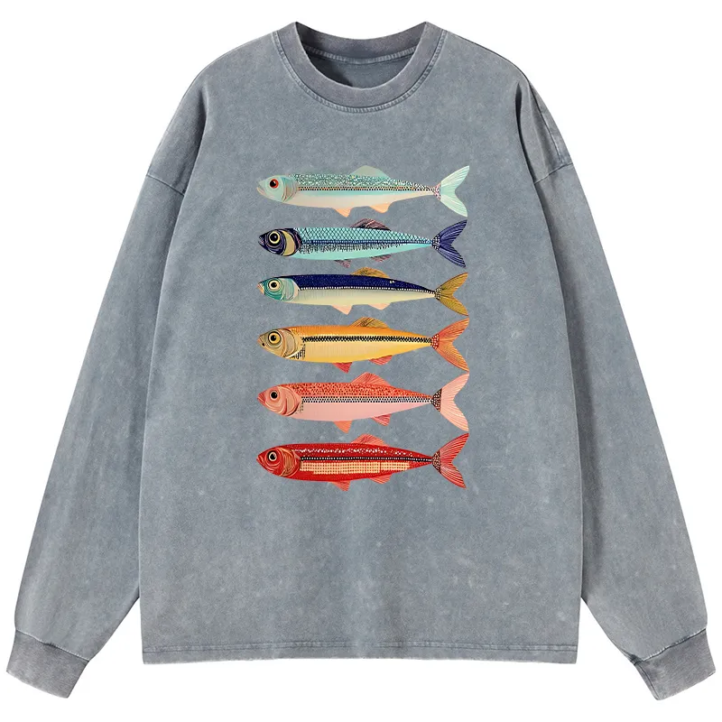 Tokyo-Tiger Colorful Fish Stack Washed Long Sleeve T-Shirt