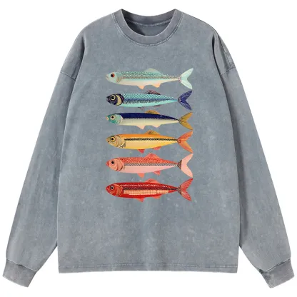 Tokyo-Tiger Colorful Fish Stack Washed Long Sleeve T-Shirt