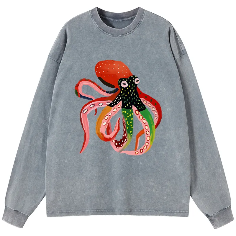 Tokyo-Tiger Colorful Octopus Art Washed Long Sleeve T-Shirt