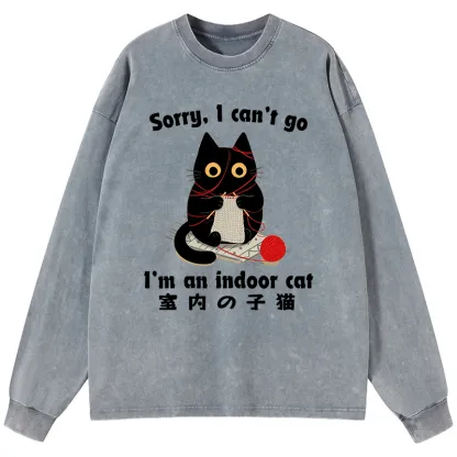 Tokyo-Tiger Indoor Cat Meme Washed Long Sleeve T-Shirt
