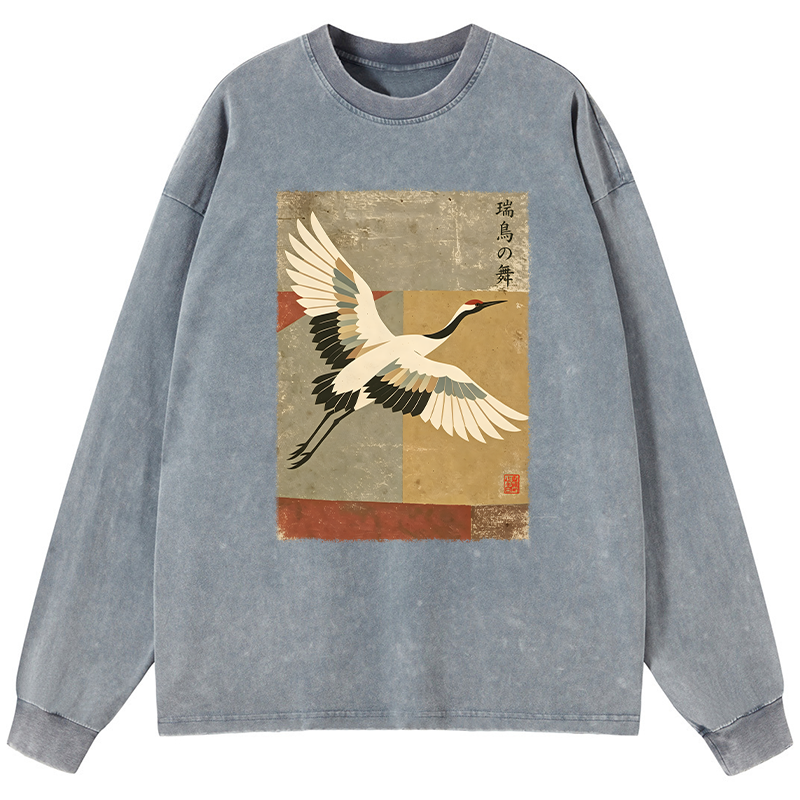 Tokyo-Tiger Crane Spirit Washed Long Sleeve T-Shirt