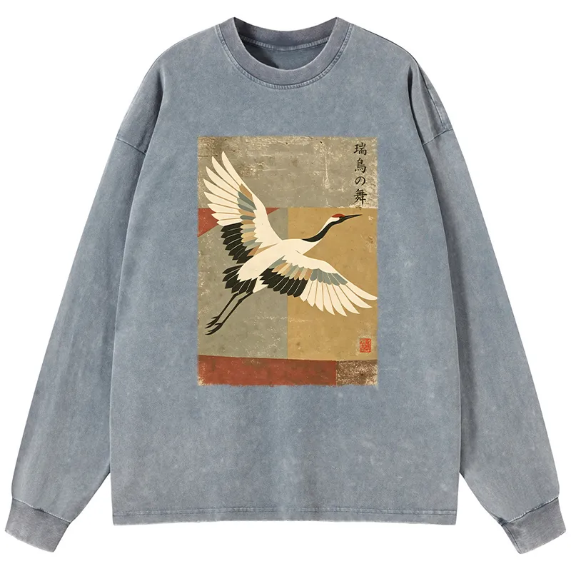 Tokyo-Tiger Crane Spirit Washed Long Sleeve T-Shirt