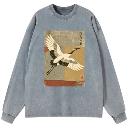 Tokyo-Tiger Crane Spirit Washed Long Sleeve T-Shirt