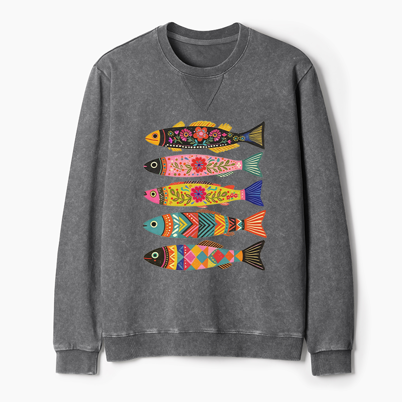 Tokyo-Tiger Colorful Patterned Fish Washed Terry Sweatshirt