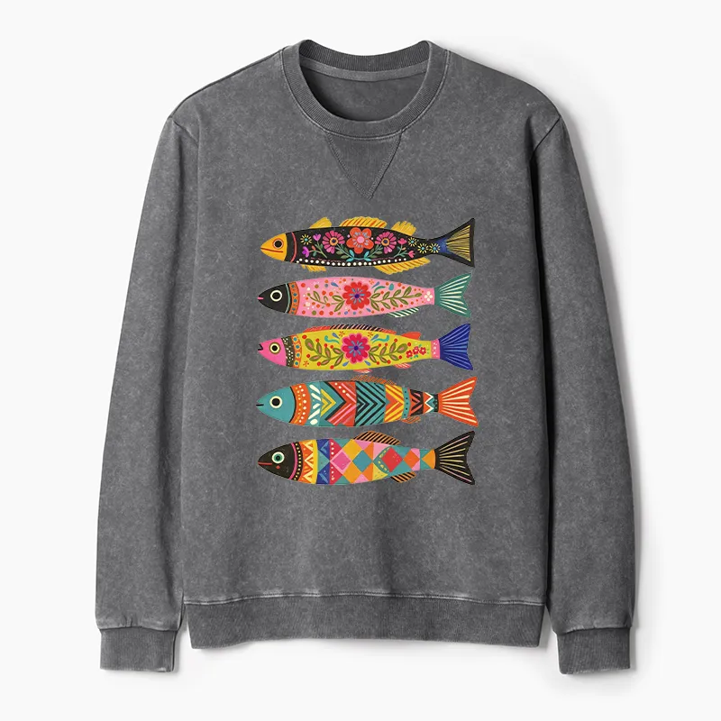 Tokyo-Tiger Colorful Patterned Fish Washed Terry Sweatshirt