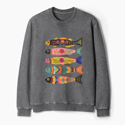 Tokyo-Tiger Colorful Patterned Fish Washed Terry Sweatshirt