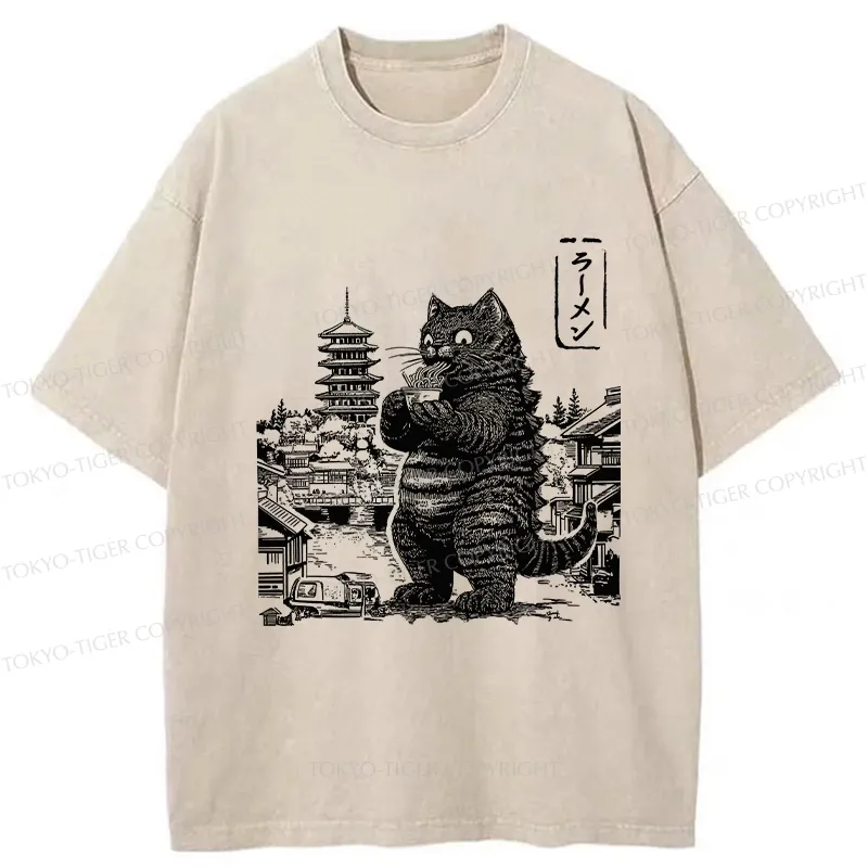 Tokyo-Tiger Ramen Lover Cat Monster Washed T-Shirt Sale