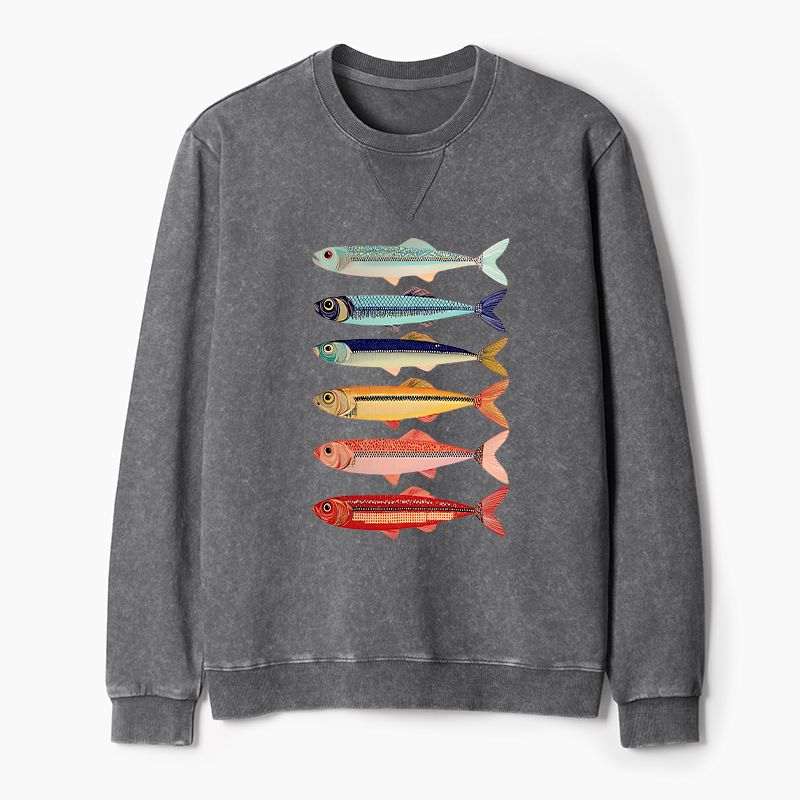 Tokyo-Tiger Colorful Fish Stack Washed Terry Sweatshirt