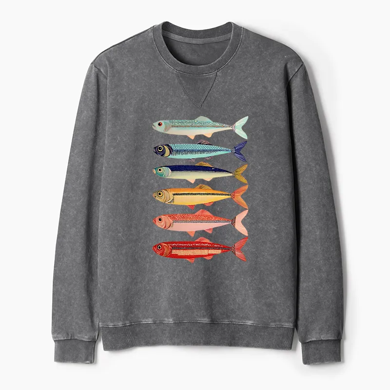 Tokyo-Tiger Colorful Fish Stack Washed Terry Sweatshirt