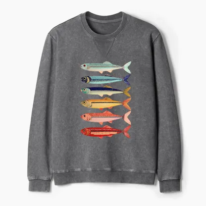 Tokyo-Tiger Colorful Fish Stack Washed Terry Sweatshirt