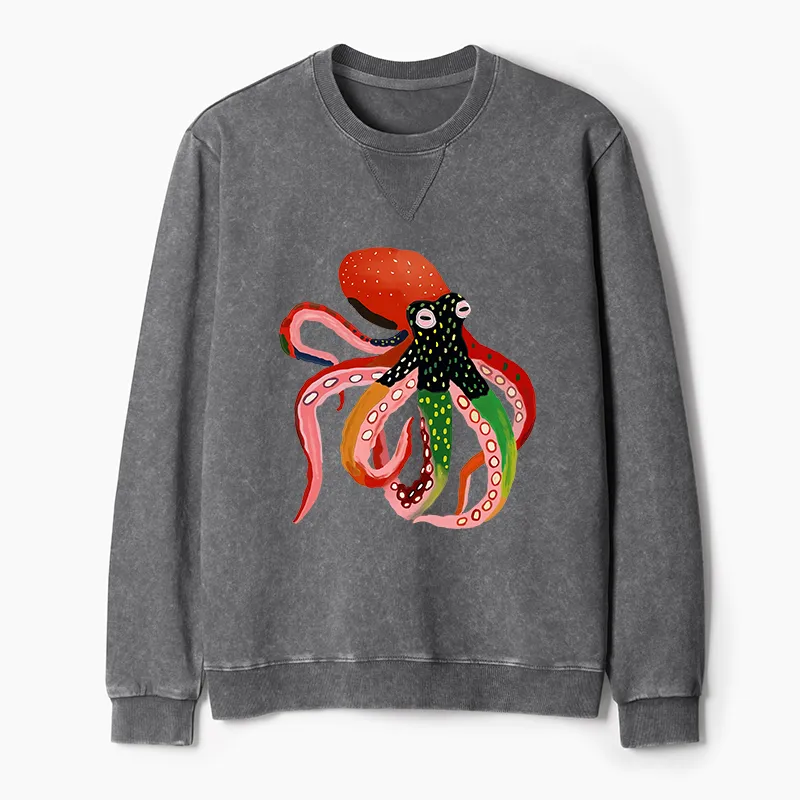 Tokyo-Tiger Colorful Octopus Art Washed Terry Sweatshirt