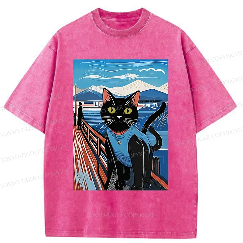 Tokyo-Tiger Cat On The Fence Washed T-Shirt