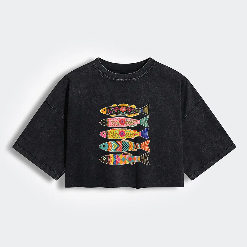 Tokyo-Tiger Colorful Patterned Fish Women's Washed Crop T-Shirt