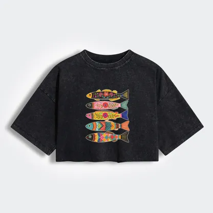 Tokyo-Tiger Colorful Patterned Fish Women's Washed Crop T-Shirt