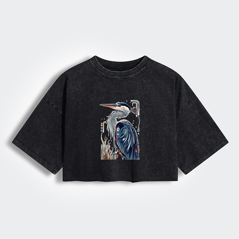 Tokyo-Tiger Stylish Blue Heron Women's Washed Crop T-Shirt