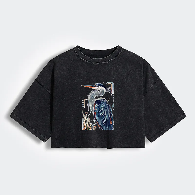 Tokyo-Tiger Stylish Blue Heron Women's Washed Crop T-Shirt