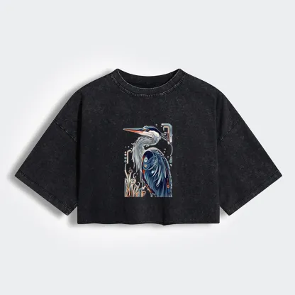 Tokyo-Tiger Stylish Blue Heron Women's Washed Crop T-Shirt