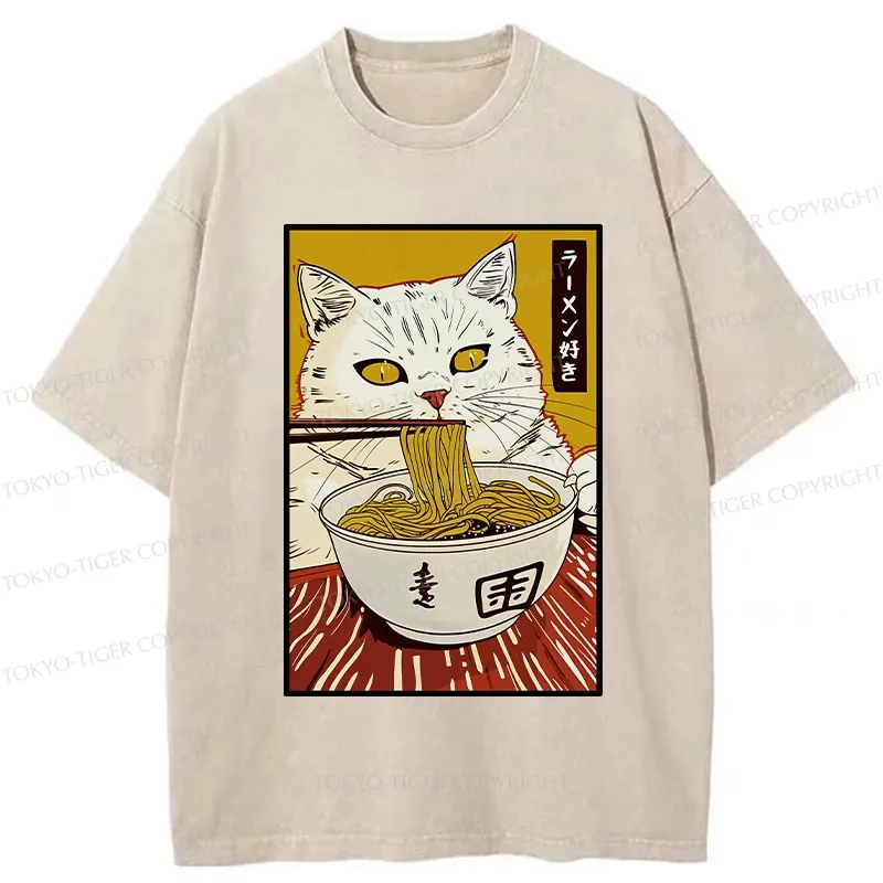 Tokyo-Tiger Cute Cat Ramen Lover Washed T-Shirt