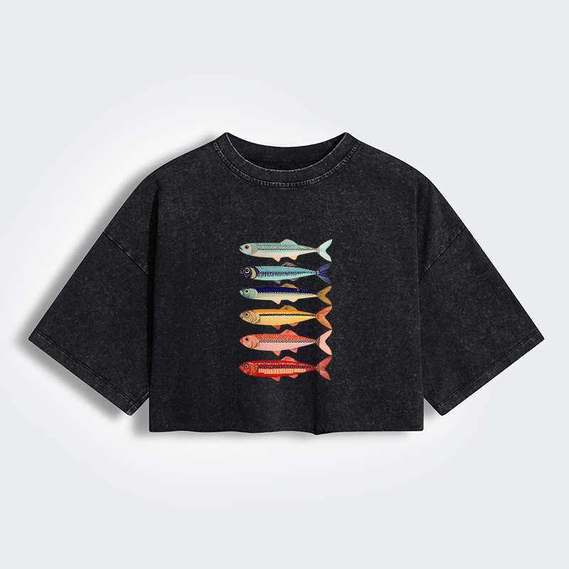 Tokyo-Tiger Colorful Fish Stack Women's Washed Crop T-Shirt