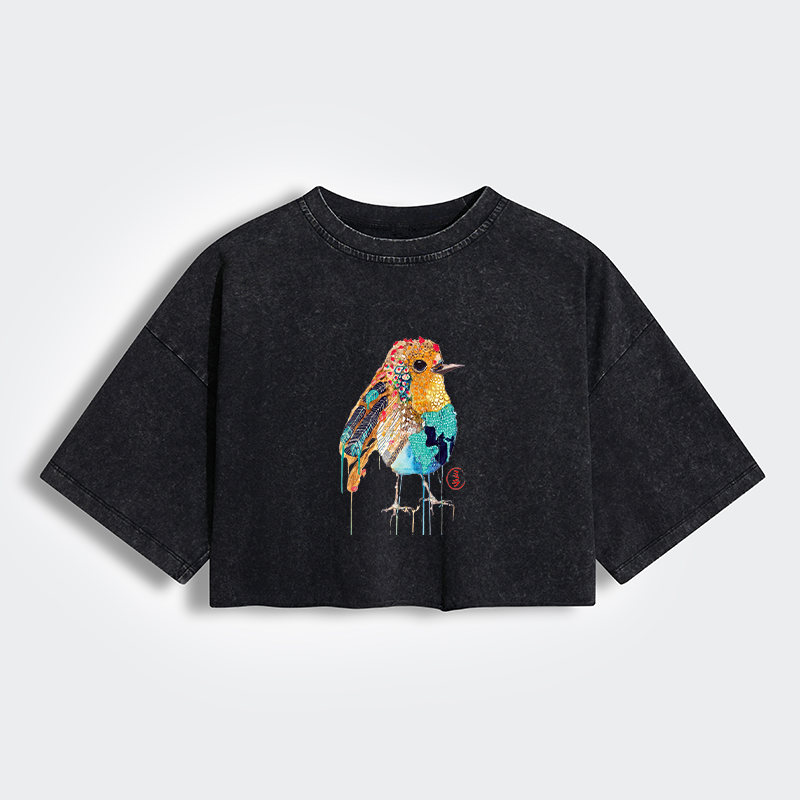 Tokyo-Tiger Sparkly Wild Bird Women's Washed Crop T-Shirt
