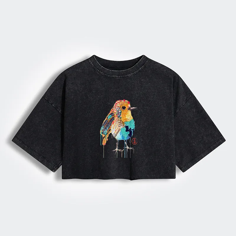 Tokyo-Tiger Sparkly Wild Bird Women's Washed Crop T-Shirt