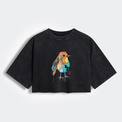 Tokyo-Tiger Sparkly Wild Bird Women's Washed Crop T-Shirt