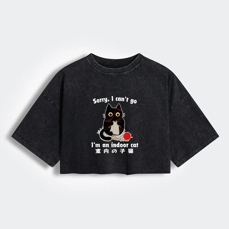 Tokyo-Tiger Indoor Cat Meme Women's Washed Crop T-Shirt