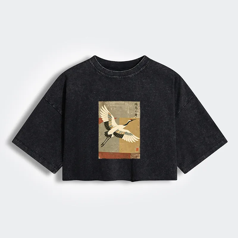 Tokyo-Tiger Crane Spirit Women's Washed Crop T-Shirt Sale