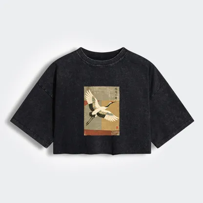 Tokyo-Tiger Crane Spirit Women's Washed Crop T-Shirt