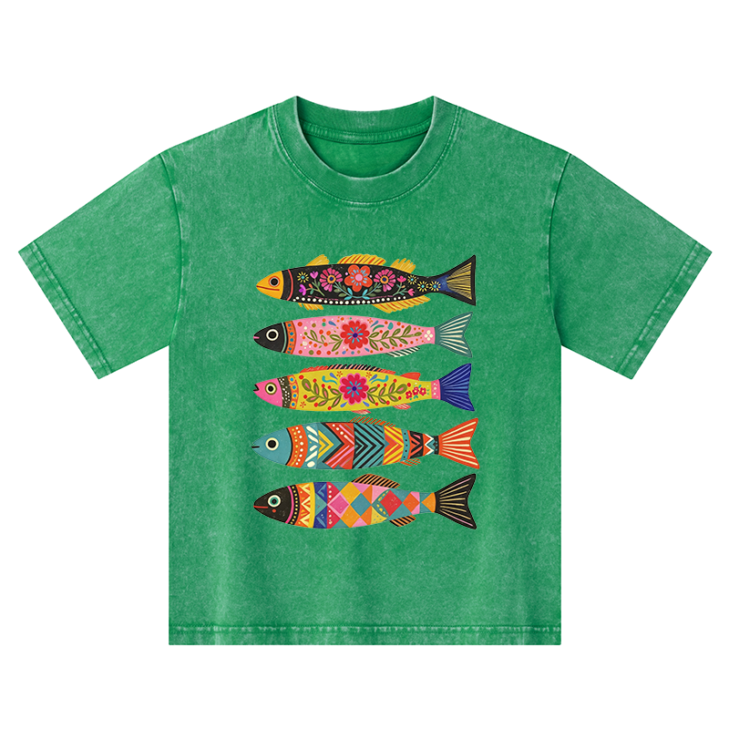 Tokyo-Tiger Colorful Patterned Fish Kids Washed T-Shirt