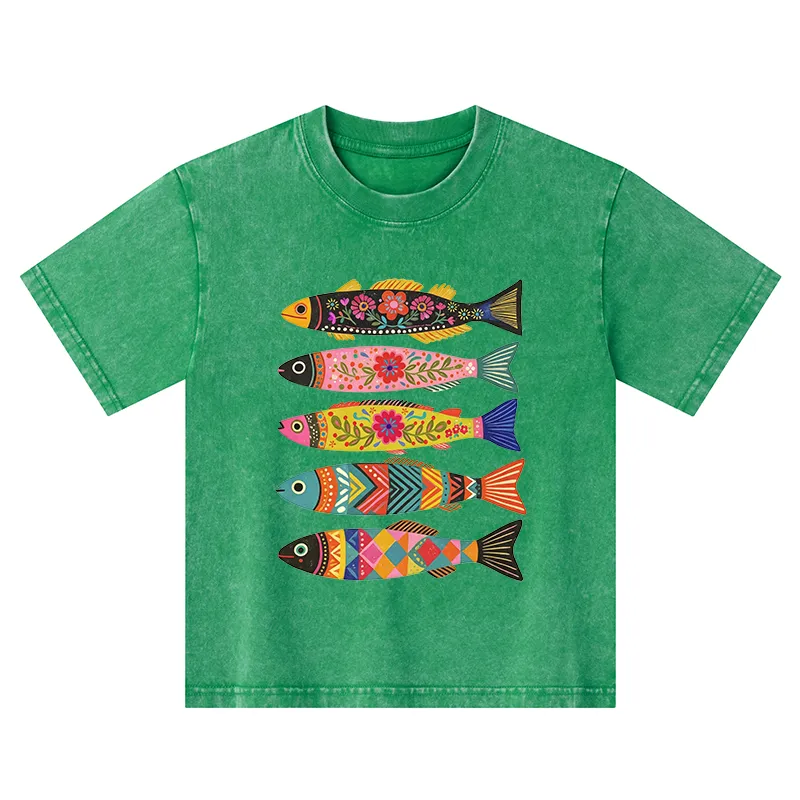 Tokyo-Tiger Colorful Patterned Fish Kids Washed T-Shirt