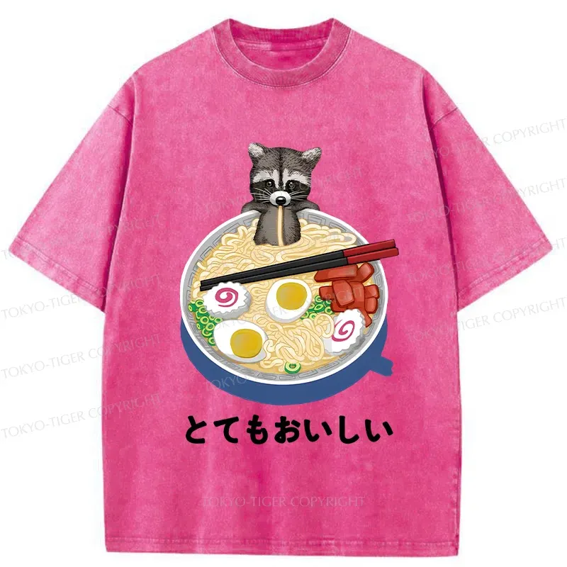 Tokyo-Tiger Raccoon Eating Ramen Washed T-Shirt