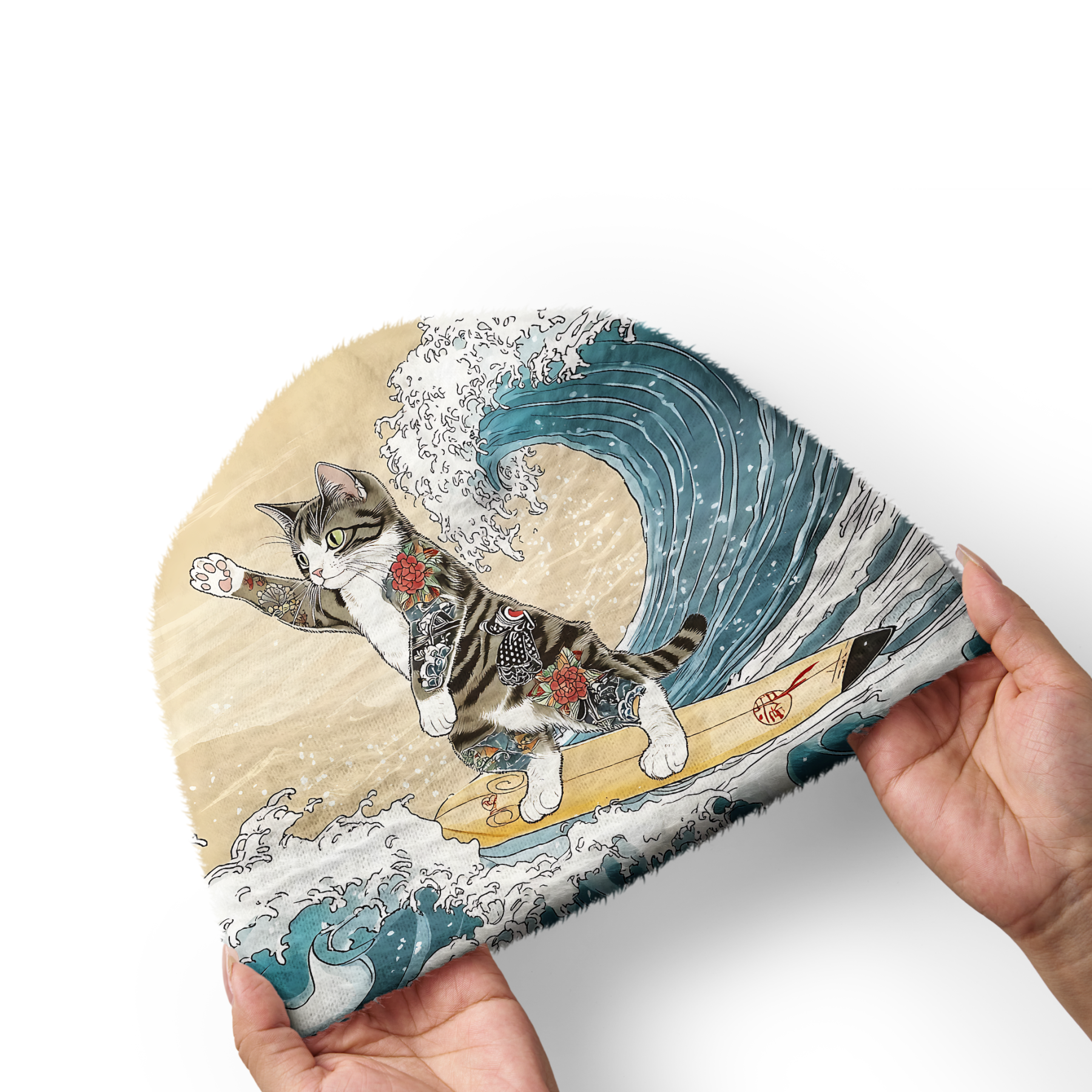 Tokyo-Tiger Cat Surfing Fuzzy Beanie